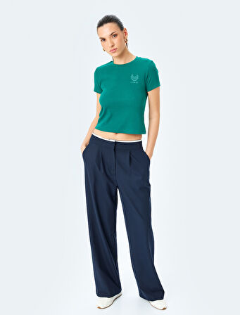 Pamuklu Bisiklet Yaka Kısa Kollu Fitilli Tişört