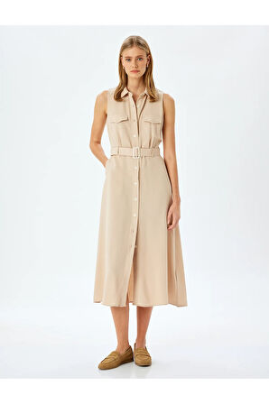 Viskon Keten Karışımlı Kolsuz Cepli Kemerli Uzun Gömlek Elbise