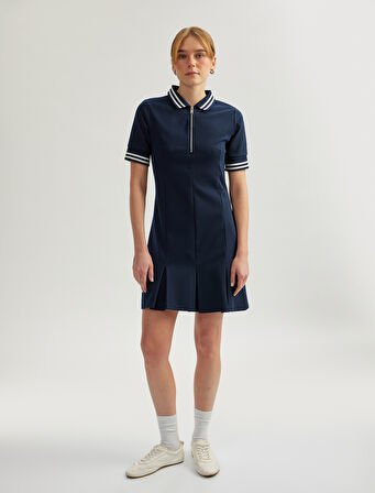 Slim Fit Kısa Kollu Yarım Fermuar Detaylı Mini Polo Yaka Elbise