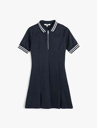 Slim Fit Kısa Kollu Yarım Fermuar Detaylı Mini Polo Yaka Elbise
