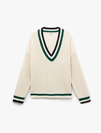 Uzun Kollu V Yaka Çizgili Triko Oversize Kazak