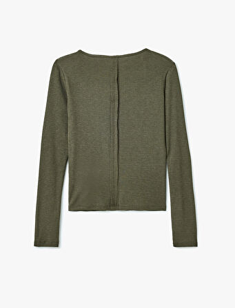 Nervür Detaylı Kayık Yaka Uzun Kollu Slim Fit Tişört