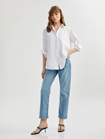 Pamuklu Slim Fit Düğmeli Düz Paça Denim Pantolon - Slim Fit Jeans