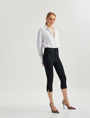 Yüksek Bel Pamuklu Kapri Denim Şort - Tight Fit