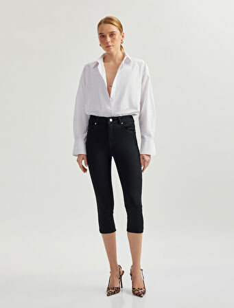 Yüksek Bel Pamuklu Kapri Denim Şort - Tight Fit