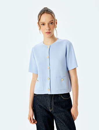 Kısa Kollu Bisiklet Yaka Cep Detaylı Düğmeli Triko Hırka