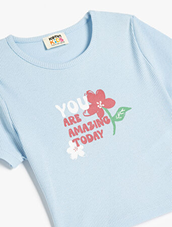 Çiçek Baskılı Kısa Kollu Bisiklet Yaka Pamuklu Tişört