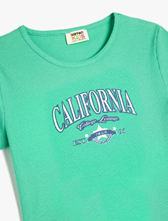 California Baskılı Kısa Kollu Bisiklet Yaka Pamuklu Crop Tişört