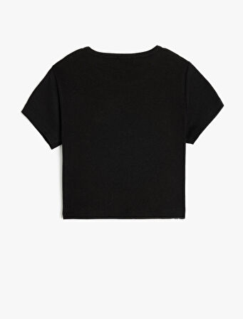 Bisiklet Yaka Kısa Kollu Pamuklu Slogan Baskılı Crop Tişört