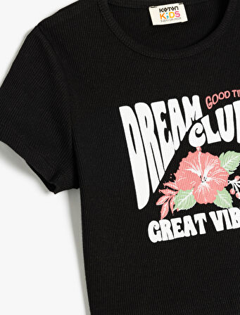 Bisiklet Yaka Kısa Kollu Pamuklu Slogan Baskılı Crop Tişört