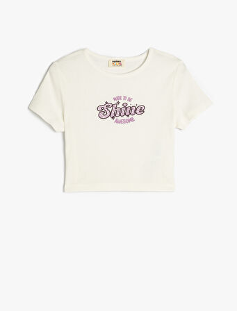 Slogan Baskılı Bisiklet Yaka Pamuklu Crop Tişört