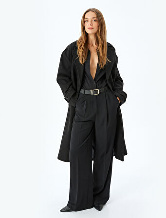 Düğmeli Cepli Kruvaze Uzun Oversize Kaşe Kaban  