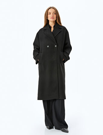 Düğmeli Cepli Kruvaze Uzun Oversize Kaşe Kaban  