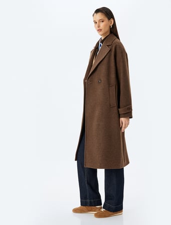 Kruvaze Düğmeli Uzun Oversize Kaşe Kaban