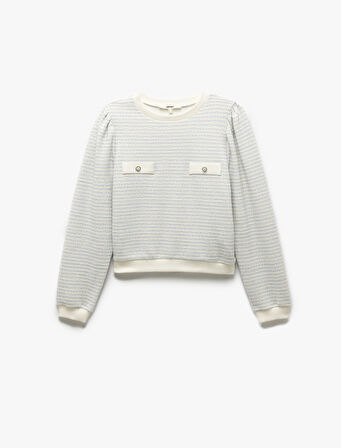Uzun Balon Kol Aplike Detaylı Bisiklet Yaka Çizgili Sweatshirt