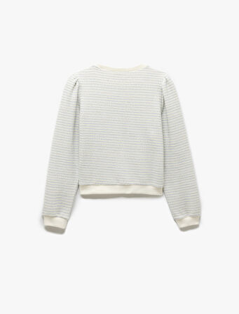 Uzun Balon Kol Aplike Detaylı Bisiklet Yaka Çizgili Sweatshirt