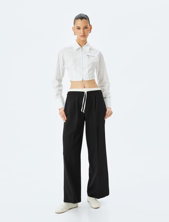 Slim Fit Uzun Kollu Klasik Yaka Crop Fermuarlı Gömlek