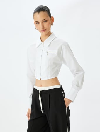 Slim Fit Uzun Kollu Klasik Yaka Crop Fermuarlı Gömlek