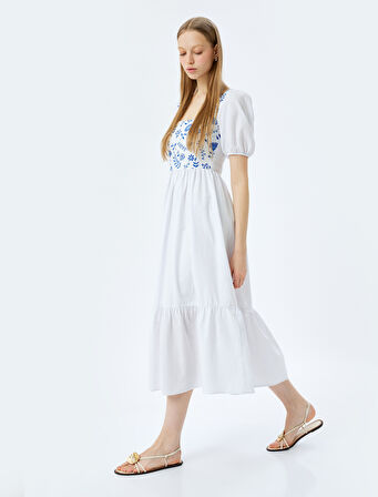 Pamuklu Balon Kollu U Yaka Gipe Detaylı Maxi Elbise