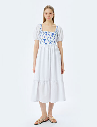 Pamuklu Balon Kollu U Yaka Gipe Detaylı Maxi Elbise