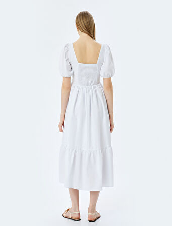 Pamuklu Balon Kollu U Yaka Gipe Detaylı Maxi Elbise