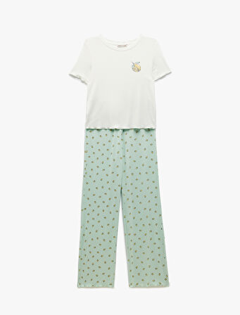 Viskon Kumaş Bisiklet Yaka Kısa Kollu Limon Baskılı Pijama Takımı