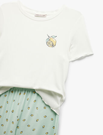 Viskon Kumaş Bisiklet Yaka Kısa Kollu Limon Baskılı Pijama Takımı