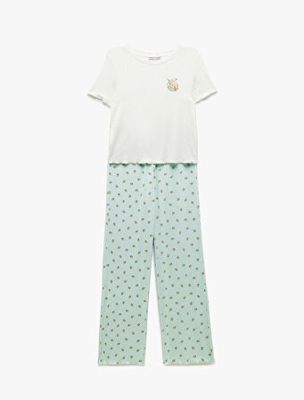 Viskon Kumaş Bisiklet Yaka Kısa Kollu Limon Baskılı Pijama Takımı