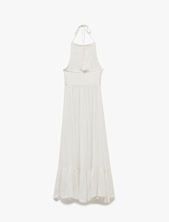 Viskon Krinkıl Kumaş Kroşe Detaylı Boyundan Bağlamalı Halter Yaka Uzun Elbise