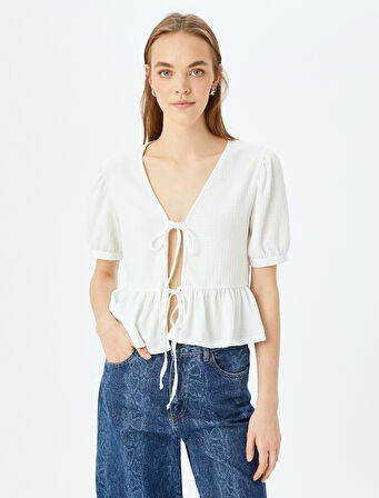 Bisiklet Yaka Balon Kollu Bağcıklı Volanlı Bluz