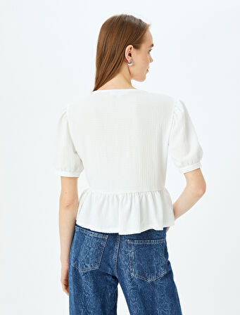 Bisiklet Yaka Balon Kollu Bağcıklı Volanlı Bluz