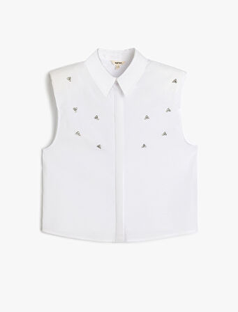 Regular Fit Pamuk Karışımlı Kolsuz Vatkalı Taşlı Gömlek