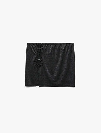 Slim Fit Simli Aksesuarlı Pencere Detaylı Mini Pareo Etek