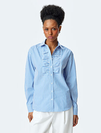 Klasik Yaka Uzun Kollu Fırfırlı Çizgili Gömlek