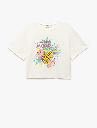 Pamuklu Ananas Baskılı Bisiklet Yaka Kısa Kollu Tişört