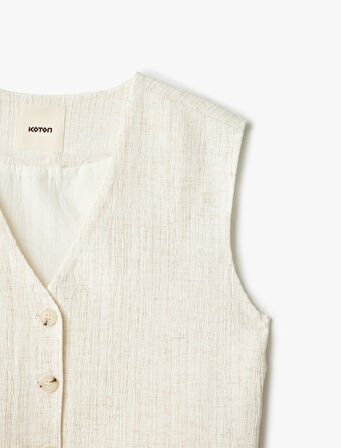 Viskon Keten Karışımlı Düğmeli Crop Blazer Yelek