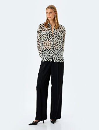 Uzun Kollu Cepli Yarı Transparan Oversize Çiçekli Gömlek