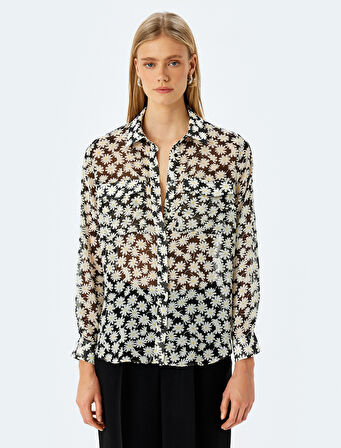 Uzun Kollu Cepli Yarı Transparan Oversize Çiçekli Gömlek