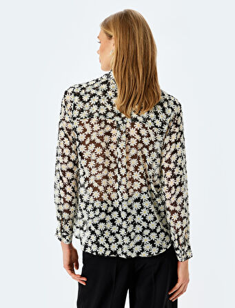 Uzun Kollu Cepli Yarı Transparan Oversize Çiçekli Gömlek