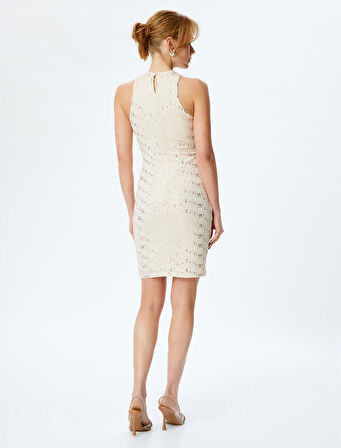 Simli Halter Yaka Kolsuz Bodycon Mini Elbise