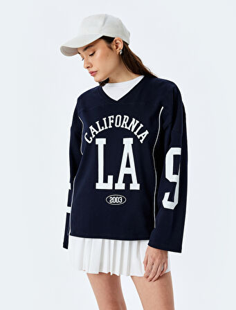 Kolej Baskılı V Yaka Uzun Kollu Oversize Sweatshirt