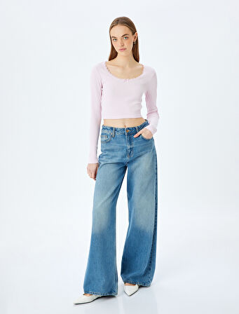 Dantel Detaylı Uzun Kollu Slim Fit Crop Tişört