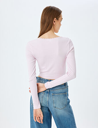 Dantel Detaylı Uzun Kollu Slim Fit Crop Tişört