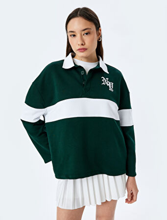 Polo Yaka Nakışlı Düğmeli Renk Bloklu Oversize Sweatshirt