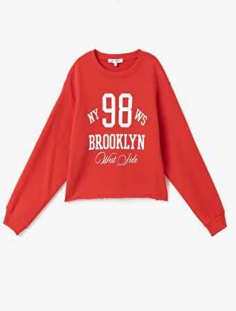 Şardonlu Kolej Baskılı Bisiklet Yaka Crop Sweatshirt
