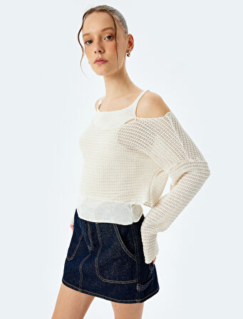 Bisiklet Yaka Uzun Kollu Örme Detaylı Tişört