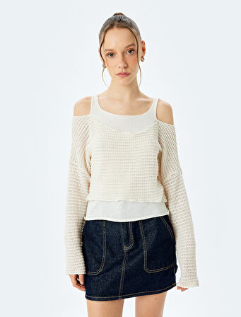 Bisiklet Yaka Uzun Kollu Örme Detaylı Tişört