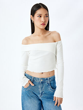 Omzu Açık Madonna Yaka Slim Fit Crop Uzun Kollu Tişört