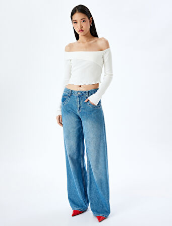 Omzu Açık Madonna Yaka Slim Fit Crop Uzun Kollu Tişört