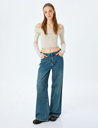 Omzu Açık Madonna Yaka Slim Fit Crop Uzun Kollu Tişört